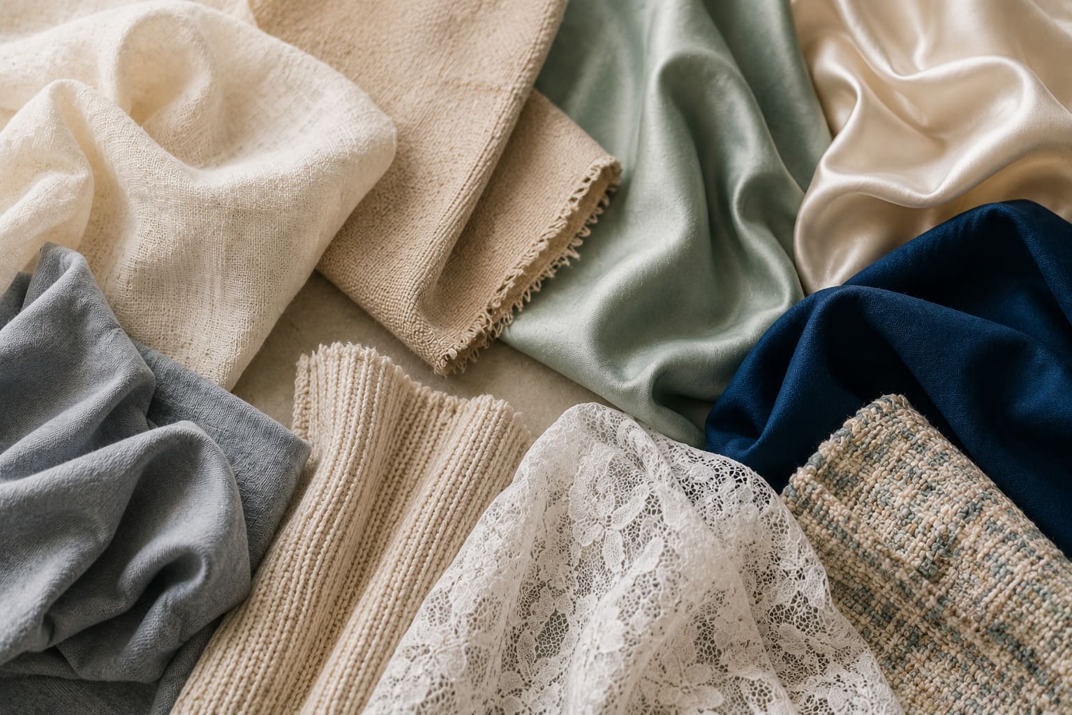Different fabric types including cotton, silk, linen and velvet for fabric care comparison